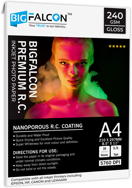 BIGFALCON Premium Ultra Glossy 240 GSM A4 Size (210x297mm) 20 Sheet RC Photo Paper Waterproof Inkjet Photo Paper for all Inkjet Printer A4 (210x297mm) 240 gsm Photo Paper(Set of 1, White)