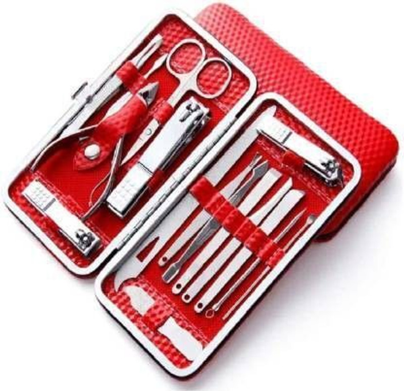 JAMBOREE 12 in 1 Stainless Steel Manicure Pedicure Set Nail Cutter Scissors Care Set Tweezers Knife Ear Pick Eyebrow Scissors Utility Tools Grooming Kits with Leather Hard Case(256 g, Set of 12)
