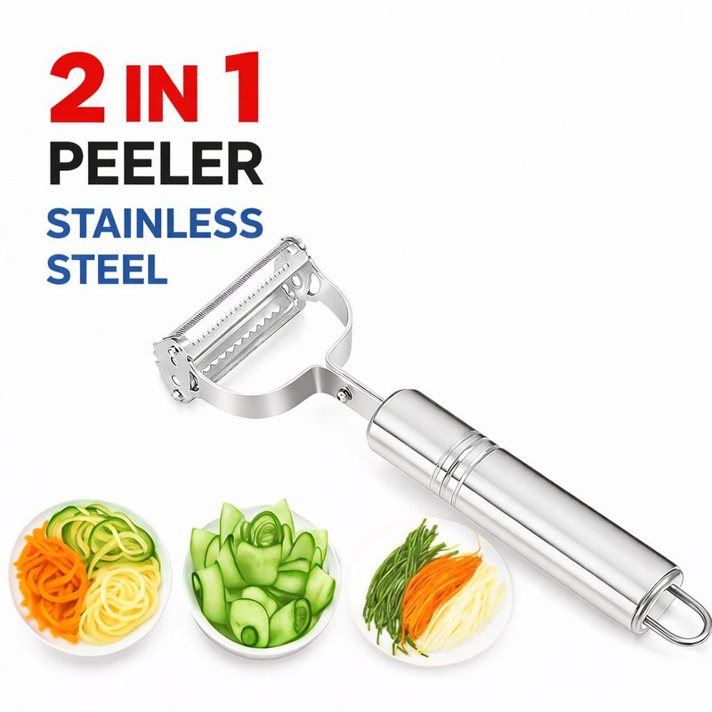 ILY 2-in-1 Stainless Steel Fruit & Veggie Shredder Slicer Grater Julienne Vegetable Straight Peeler(Steel)