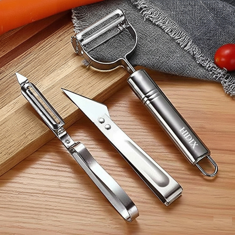HIDIX Vegetable Cutter & Peeler Set 3 Steel Peeler Knife & Clips Rotary Cutter Slicer Y Shaped Peeler Set(Silver Pack of 3)