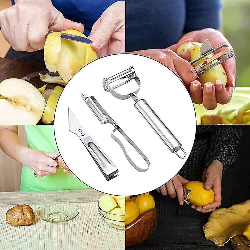 SARTHU Vegetable & Fruit Peeler Set of 3 with Meat Cutter, Julienne Slicer & Shredder Y Shaped Peeler(Steel)