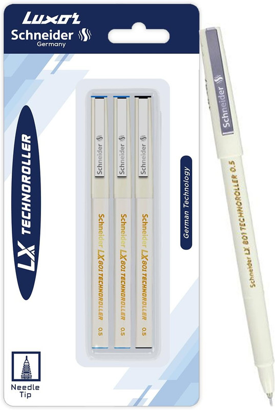 LUXOR Schneider LX7 Technoroller| 0.7 mm tip| German Technology| 100% Liquid Ink Roller Ball Pen(Pack of 3, Ink Color - Blue+Blue+Black)