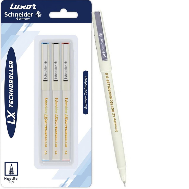 LUXOR Schneider LX Technoroller-801| 0.5 mm tip| German Technology| 100% Liquid Ink Roller Ball Pen(Pack of 3, Ink Color - Blue+Black+Red)