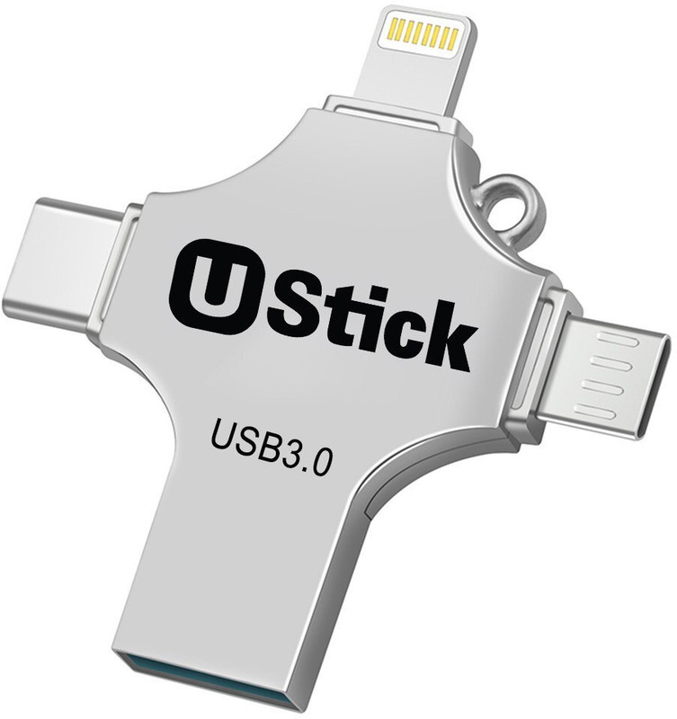 UStick Pendrive 128GB 4 in 1 with Light-ning, Micro USB, USB A, Type-C Interface 128 GB OTG Drive Compatible with Desktop Computer, Gaming Console, Laptop, Mobile, Netbook, Tablet, Television USB 3.1 Metal Case(Silver, Type A to Type C)