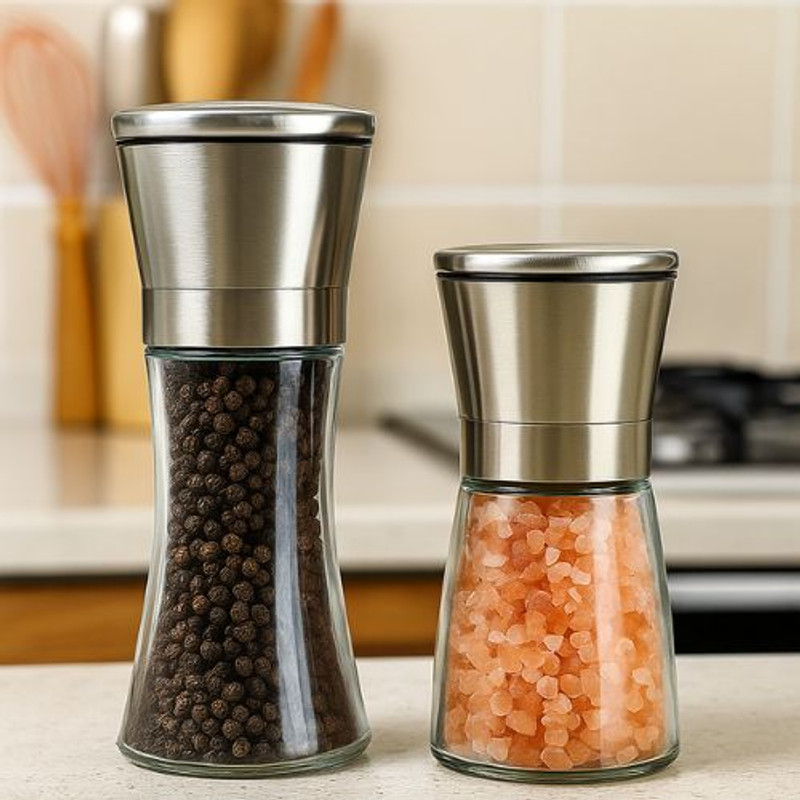Baskety Salt and Pepper Grinder Mills with Adjustable Coarse to Fine Grinding Glass Squeeze Mill(Clear, Pack of 2)
