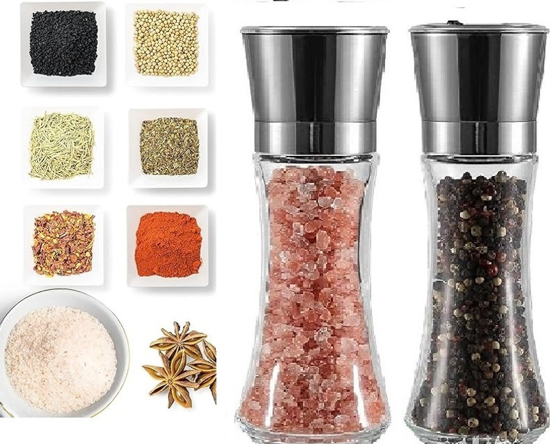 LAKSHMINARAYAN SALES Pepper Grinder Tall Size - Black Pepper, Herb Shakers Mill Refillable Manual Glass Traditional Pepper Mill(Black, Clear, Pack of 2)