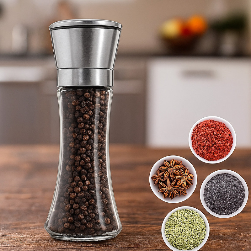 Ramkuwar Black Pepper Fresh Keeping Spice High Glass Blender for Cumin Sea Salt Glass, Stainless Steel Traditional Pepper Mill(Silver, Clear, Pack of 1)