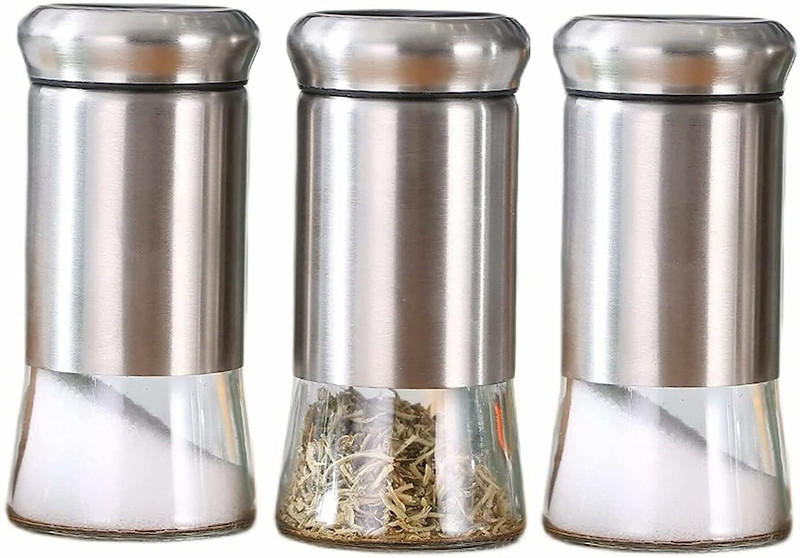 pepplo Stainless Steel Morden Salt and Pepper Shakers Set(Silver,Set of 4) Stainless Steel Traditional Pepper Mill(Silver, Pack of 4)