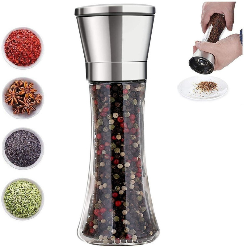TINSUHG Glass Pepper Mill Salt & Pepper Grinder with Adjustable Coarseness Tower Shape Glass Traditional Pepper Mill(Steel, Pack of 1)