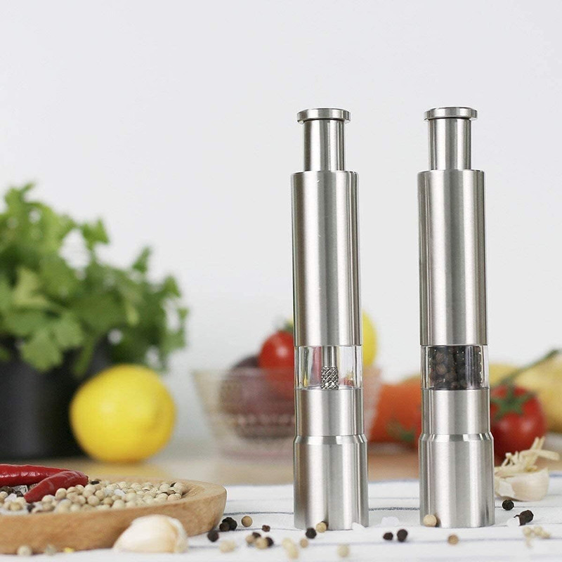 crownsmill kitchen Mini Pepper Grinder Crusher Mill Hand Thumb Press Machine mill grinder Stainless Steel Traditional Pepper Mill(Silver, Pack of 1)