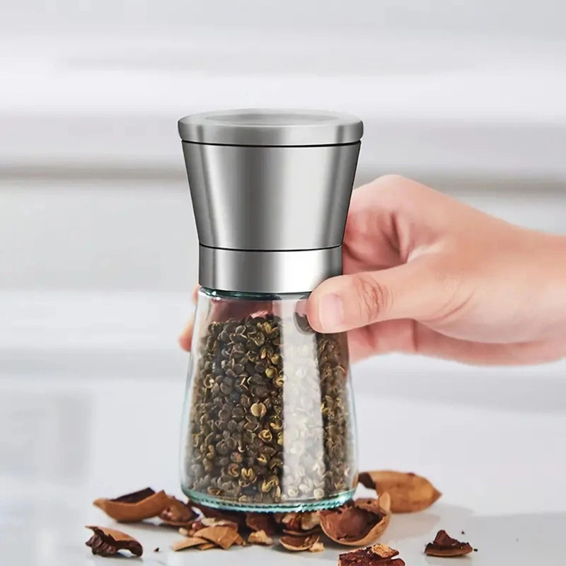 Baskety Pepper & Salt Grinder with Adjustable Steel Spice Mill Glass, Silver Traditional Pepper Mill(Clear, Pack of 1)