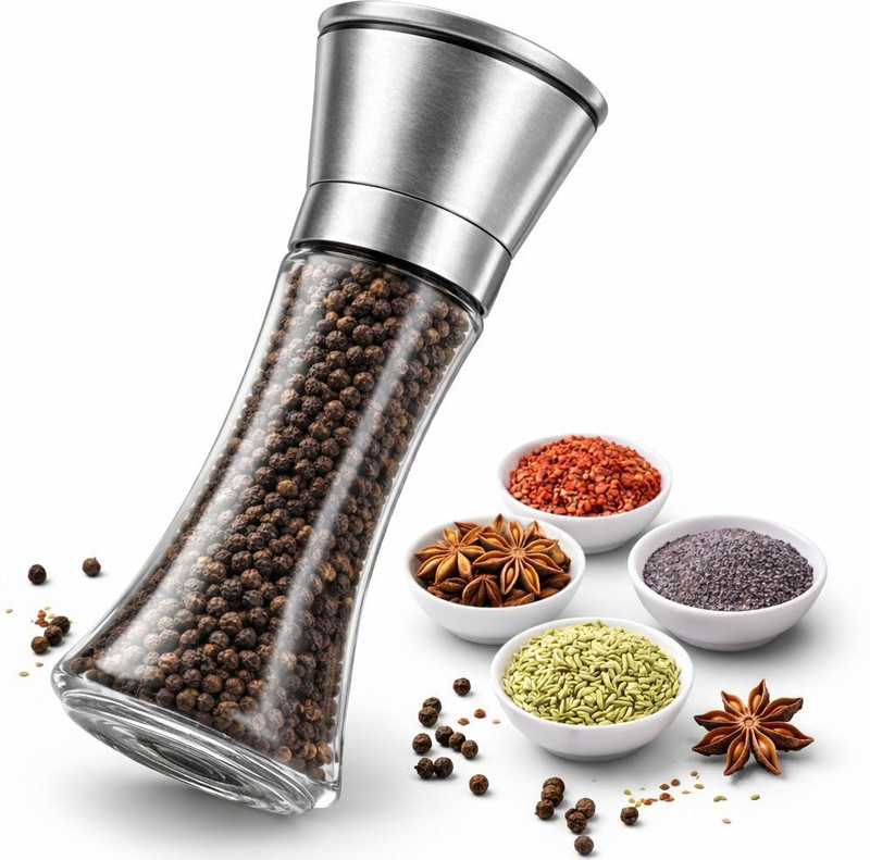 BRUFF KING Pepper Grinder & Salt Shaker with Adjustable Ceramic Burr Tall Clear Glass Body Stainless Steel Burr Mill(Clear, Pack of 1)
