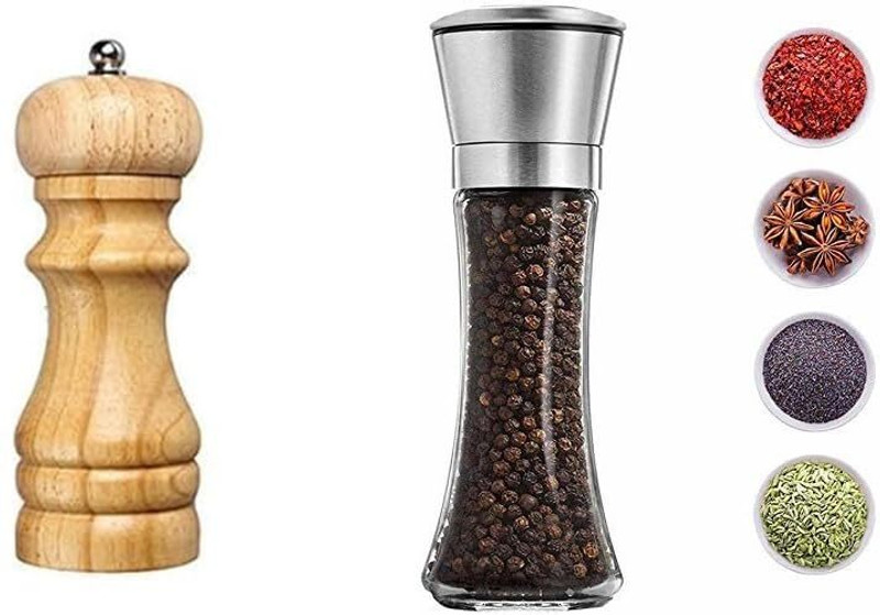 AKSHAR4u Traditional Wooden & Glass Combo Salt & Pepper Grinder Pepper Crusher Mixer Mill Plastic Traditional Pepper Mill(Multicolor, Pack of 2)