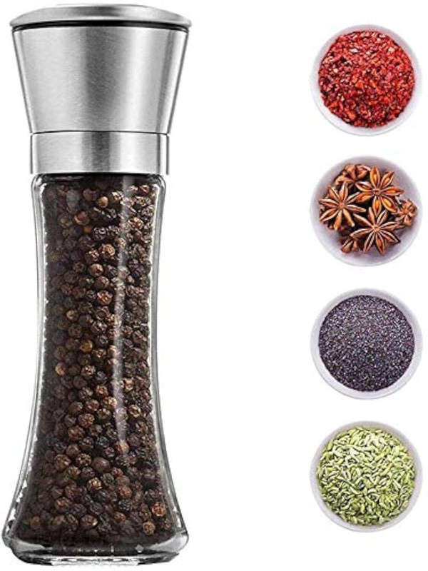 CHAITANYENTERPRISE Pepper Shakers Set with Stand Stainless Steel Salt Pepper Mill Manual Glass Squeeze Mill(Silver, Pack of 1)