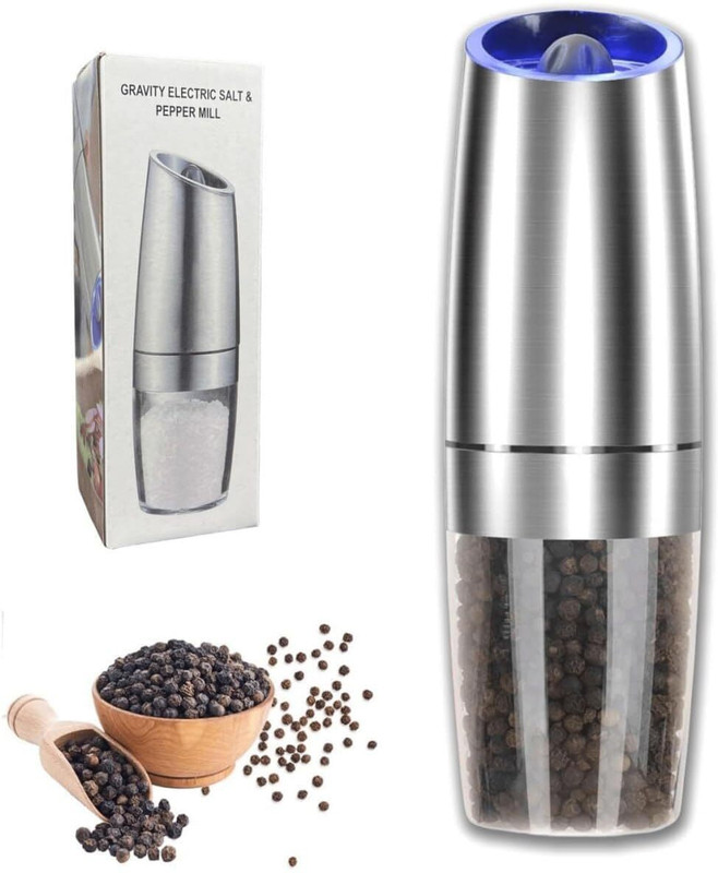 SEVENSPACE Electric Gravity Pepper Grinder with LED Light, Adjustable Coarseness, Silver Stainless Steel Electric Mill(Multicolor, Pack of 1)