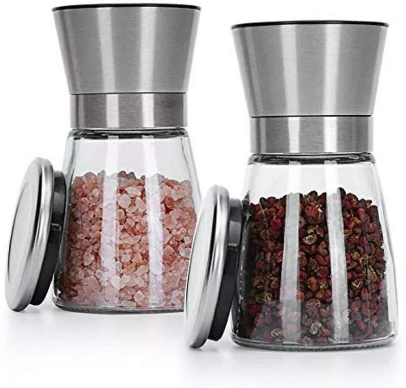 NURIOR Mini Pot Salt Pepper shakerStainless Steel Lid Salt and Pepper Grinders Glass Squeeze Mill(Silver, Pack of 2)