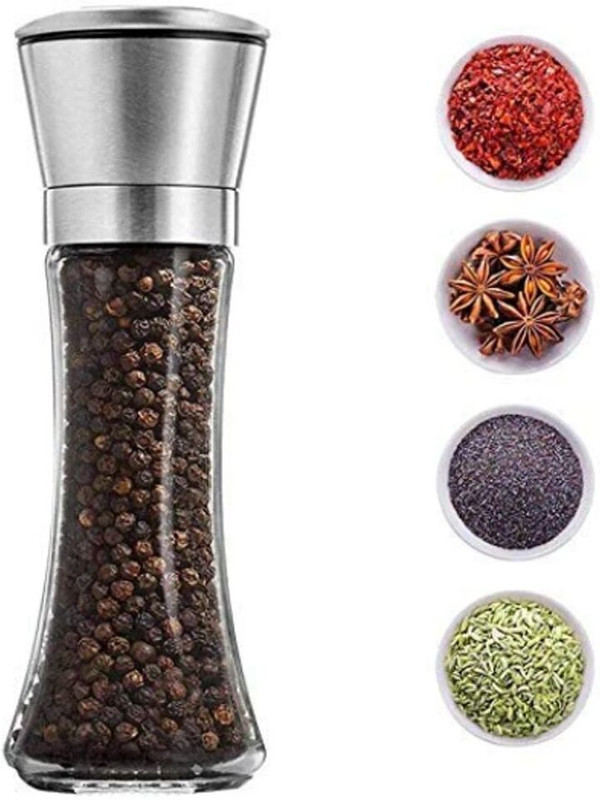 DHARMINSON Manual Salt and Pepper Grinder, Stainless Steel and Glass Spice Grinder Glass Traditional Pepper Mill(Silver, Pack of 1)