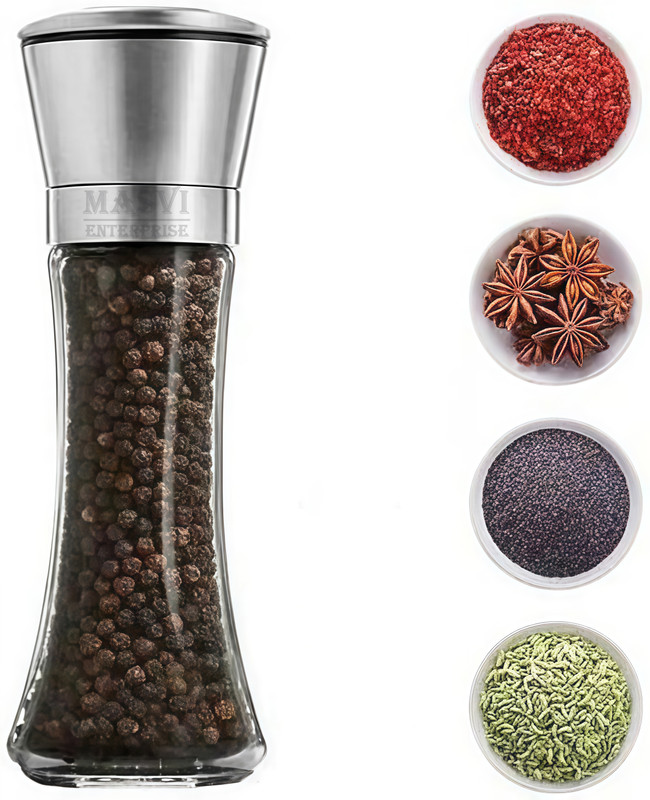 Nightstar Stainless Steel Top and Glass Body Salt and Pepper Grinder Crusher Mill Shakers with Adjustable Knob by Ceramic Rotator for Kitchen Glass, Steel Squeeze Mill(Silver, Pack of 1)