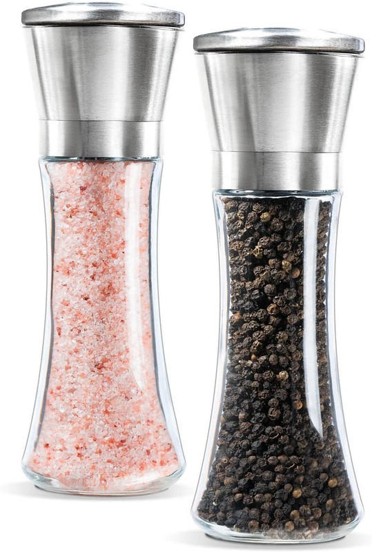 JIGSHTIAL Pepper Shakers Set with Stand Stainless Steel Salt Pepper Mill Manual Spice Pepper Grinder Mill & Salt Glass Traditional Pepper Mill(Clear, Pack of 2)