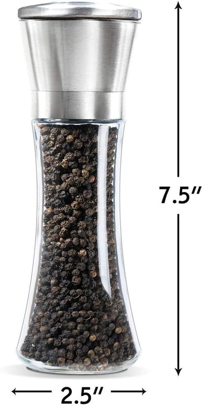 Estervig Adjustable Coarseness Salt and Pepper Grinder Set – Premium Stainless Steel Cap Glass, Stainless Steel Squeeze Mill(Clear, Silver, Pack of 2)