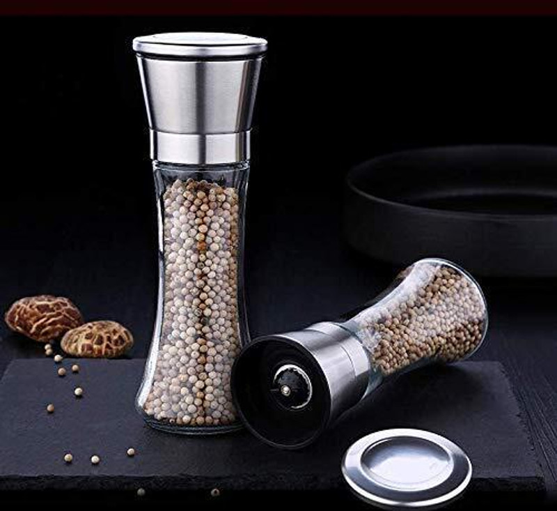 Coozico Adjustable Coarseness by Ceramic Rotor | Stainless Steel Pepper Mill Shaker Glass Squeeze Mill(Clear, Pack of 1)