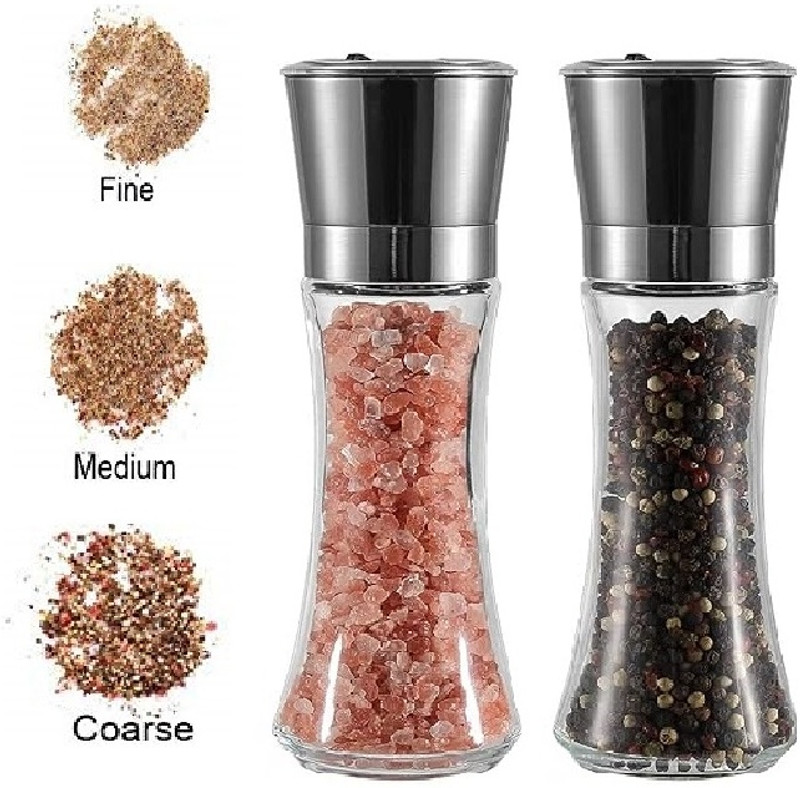TAPAHPRIYAY Salt and Pepper Grinder Set Stainless Black Salt and Pepper Mill Glass Traditional Pepper Mill(Black, Pack of 2)
