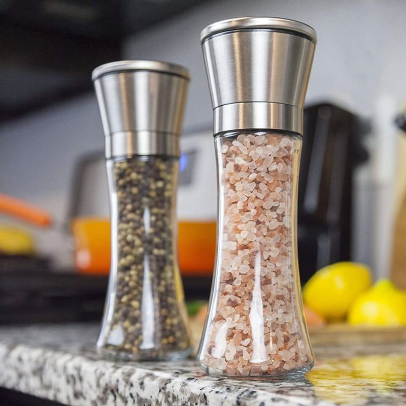 MOOZICO Premium Glass Pepper Grinder with Adjustable Ceramic Mill Glass, Steel Traditional Pepper Mill(Silver, Pack of 1)