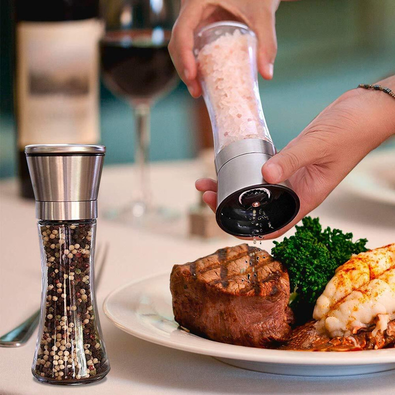 VISHNU ENTERPRISE 2-in-1 Salt and Pepper Grinder/Crusher with Adjustable Coarseness - Mill Shaker Steel, Glass Squeeze Mill(Silver, Pack of 1)