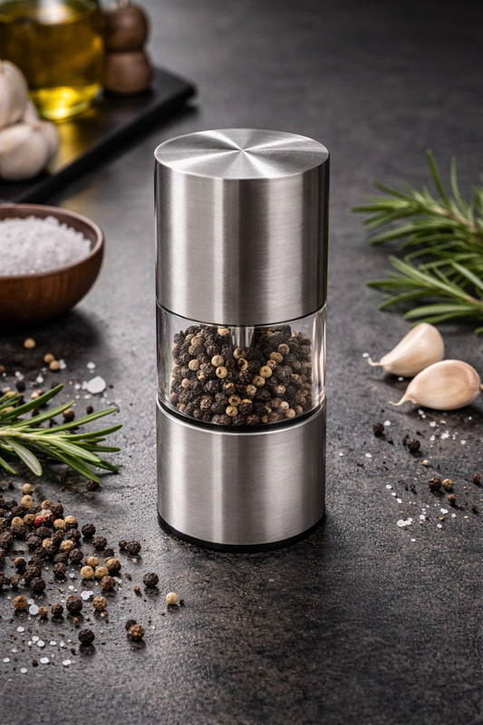 JAMBOREE Stainless Steel Pepper Grinder 5 Inch Adjustable Salt & Pepper Mill Stainless Steel, Porcelain Squeeze Mill(Silver, Pack of 1)