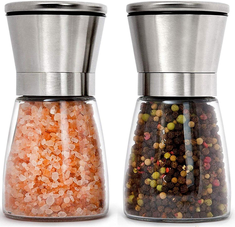 NURIOR Glass Traditional Pepper Mill Grinder, Salt Shaker Coarseness Glass for Kitchen Glass, Stainless Steel Traditional Pepper Mill(Silver, Pack of 2)