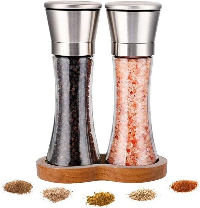 Zevon Salt and Pepper Mills Adjustable Ceramic Grinders, Beech Stand, Glass, Stainless Steel Traditional Pepper Mill(Steel, Pack of 2)