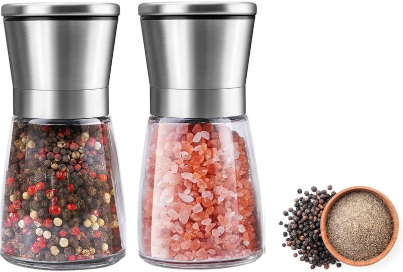 NURIOR Mini Pot Salt Pepper Shaker Stainless Steel Lid Salt and Pepper Grinders Crusher Glass Squeeze Mill(Silver, Pack of 2)