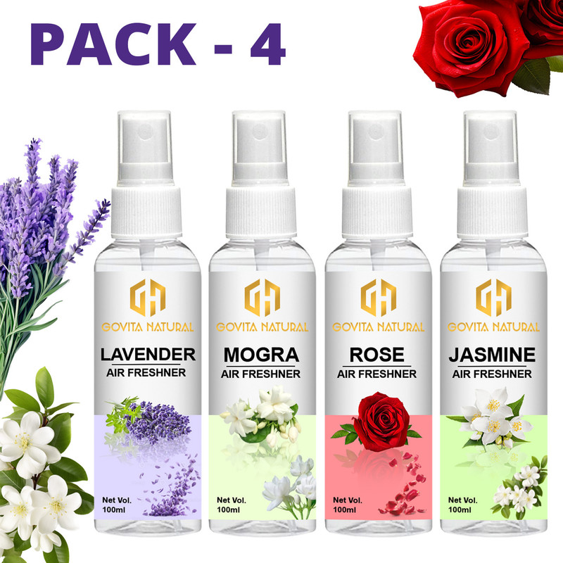 Govita Naturals Rose, Mogra, Lavender, Jasmine Car Freshener Spray Room Freshner Rose+Mogra+Lavender+Jasmine Combo(400 ml)