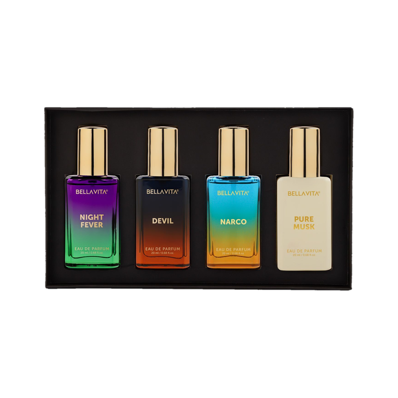 BELLAVITA Unisex Scents Gift Set|4x20ml|Long Lasting Perfume|Woody & Musk Fragrance Notes| Eau de Parfum  -  80 ml(For Men & Women)