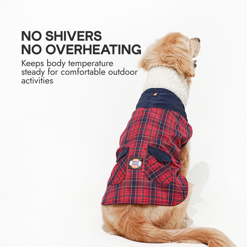 Barks & Wags Winter Jacket for Dog, Cat(Blue Red Plaid & White Fur)