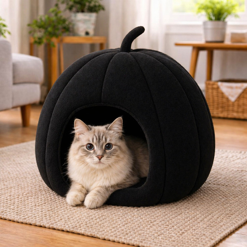 SH Luxe Pumpkin Pet Bed Soft Warm Cozy Cat Dog House M Pet Bed(Black)