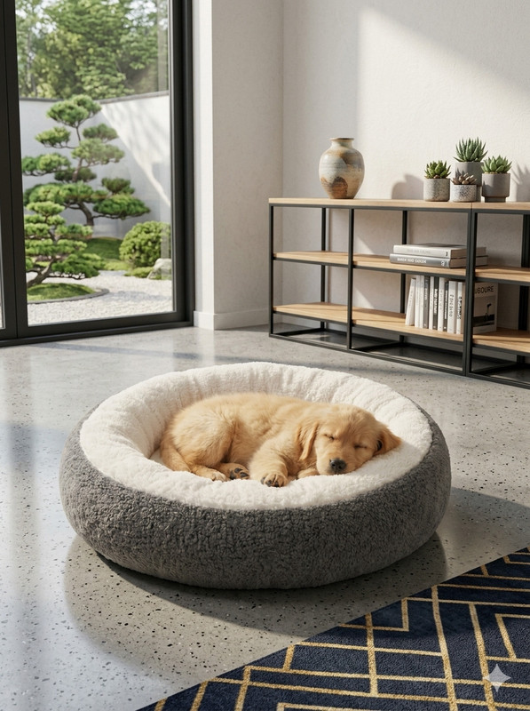 J S HOME FINISHING Comfortable Round Pet Dog Bed with Soft Inner Cushion Cozy Sleeping Bed_18-35_kg L Pet Bed(White, Grey)