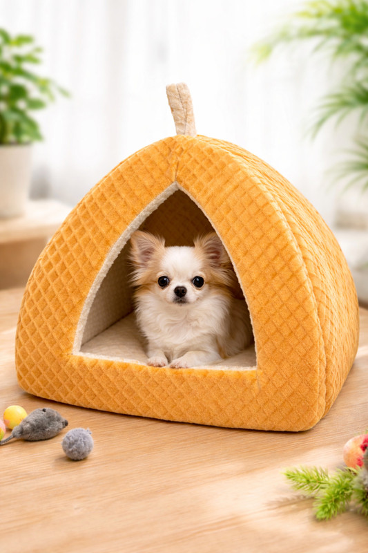 ISHMORA Soft Washable Enclosed Pet Tent Bed with Cushion S Pet Bed(Yellow)