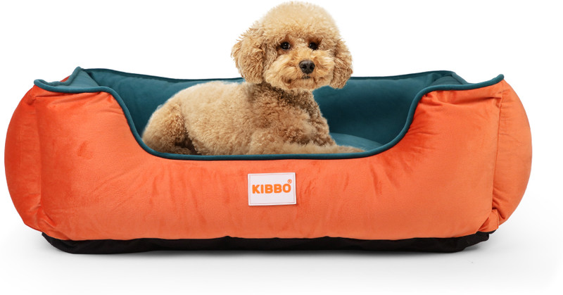 KIBBO Lounger Bed for Dog and Cat with Soft Fabric and Raised Edges M Pet Bed(Orange & Green)