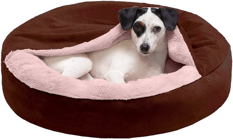Petslover Round Hooded Fabric Dog Bed with Attached Blanket Hooded Donut Bed M Pet Bed(Pink)