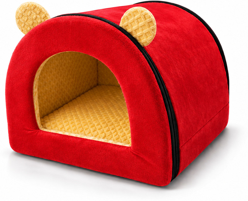 ISHMORA Teddy Cave Luxury Dog Bed Pet House S Pet Bed(Red)