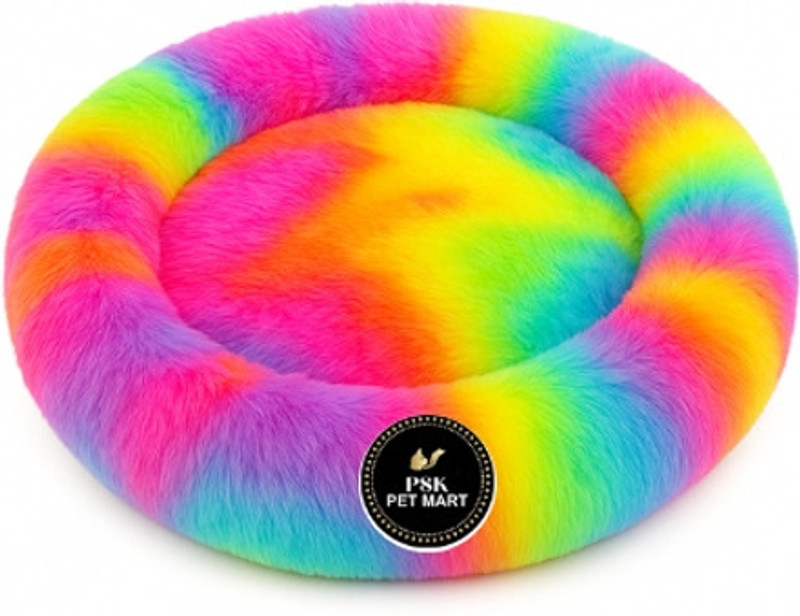 PSK PET MART Calming Dog and Cats Bed for Small and Medium Bed Round Fluffy Faux Fur Pet S Pet Bed(Multicolour)