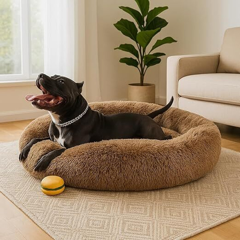 Zexsazone round soft pet bed is perfect for indoor larg dog, pet family M Pet Bed(Brown)