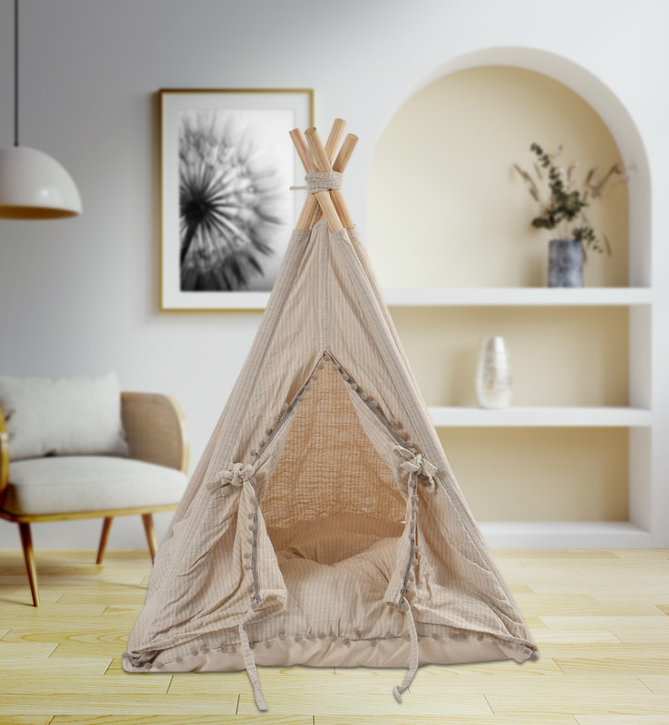 AAURAS Tepee Blue & Natural Pet Bed, Dog Bed, Cat Bed, Mini Pet House L Pet Bed(Natural)