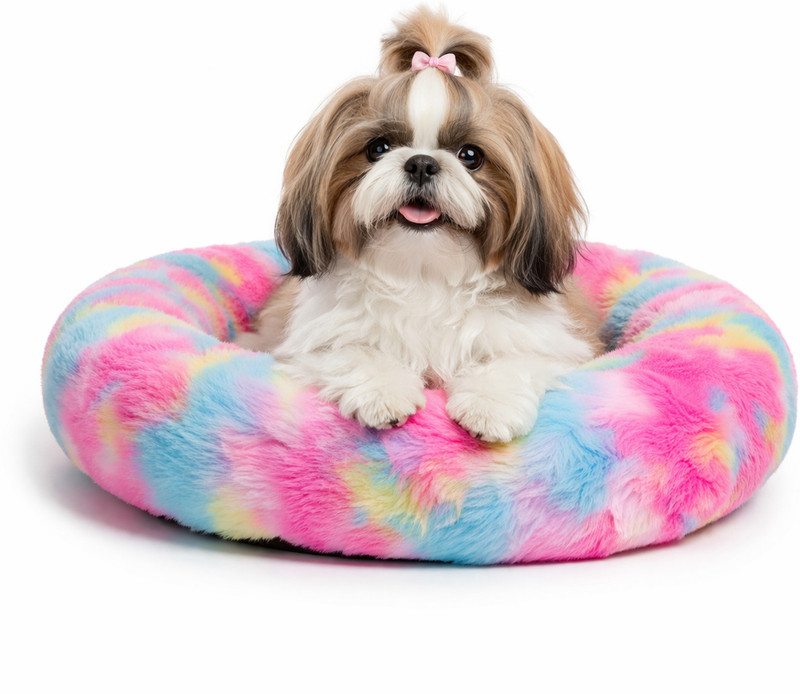 petbed Luxury Soft Round Pet Bed for Cats & Puppies | Cozy Fur Cushion Bed S Pet Bed(Multicolored Rainbow Tie-Dye, rainbow)