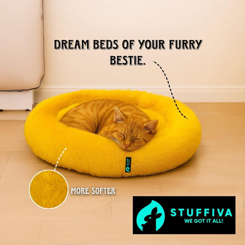 Stuffiva Oval Shaped Faux Fur Pet Bed For Dogs and Cats S Pet Bed(Mustard)