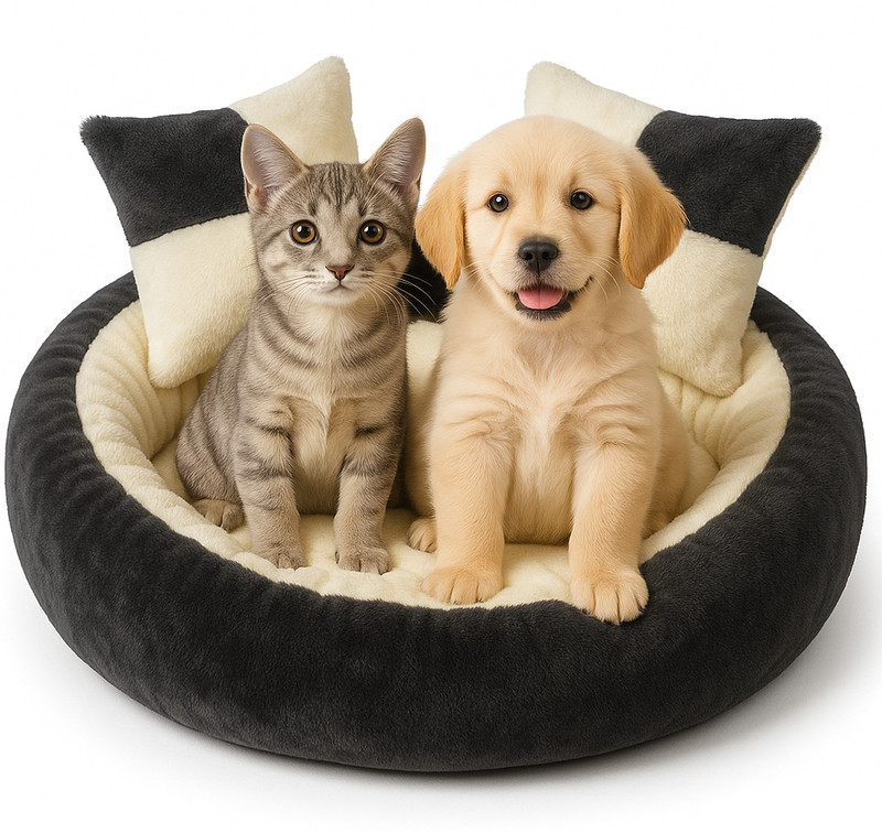 Paitsco Luxury Round Plush Pet Bed for Cats & Dogs S Pet Bed(Cream)
