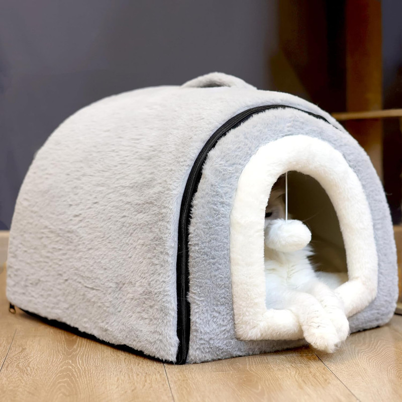 mewkat Luxury Soft Pet Igloo House for Cats & Small Dogs S Pet Bed(Light Grey)