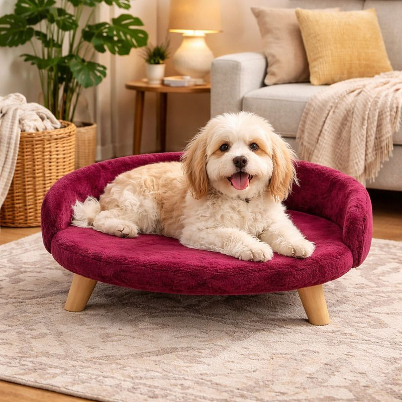 AURALIVIN Luxe Plush Pet Bed with Wooden Legs Sofa-Style Medium (53 x 65 x 25 cm) M Pet Bed(Wine Burgundy)