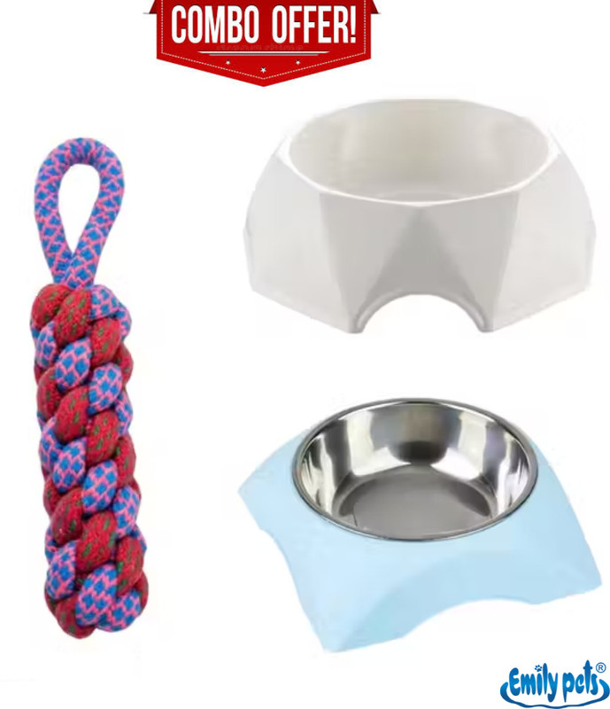 Emily Pets Dog Rope Toy Combo with Diamond Pattern Feeder & Pet Feeding Bowl Set Plastic Pet Bowl(300 ml Multicolor)